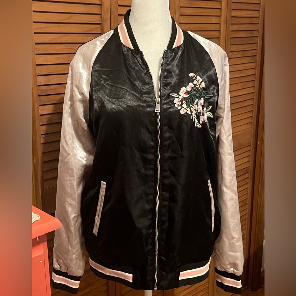 Haute Monde Black and Pale Pink Satin Bomber Jacket with Floral Embroidery